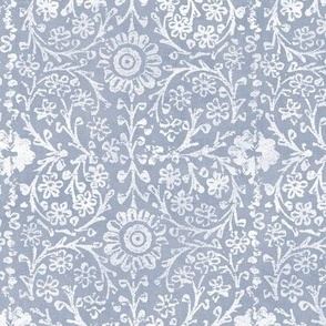 Indian Woodblock in White on Mineral Blue (large scale) | Floral block printed pattern in soft blue and crisp white, rustic block print, hand printed pattern, boho floral, nature decor.