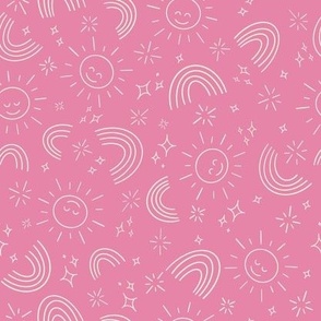 Cheery pink mono-line design featuring rainbows, suns and sparkles.