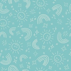 Fun mono-line design with cool seafoam green featuring rainbows, suns and sparkles.