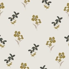 Small forest flowers in olive and dark green on beige like polka dots