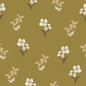 Small Forest flowers in white and tan  on bright ecru