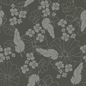 grey flowers and leaves on dark taupe