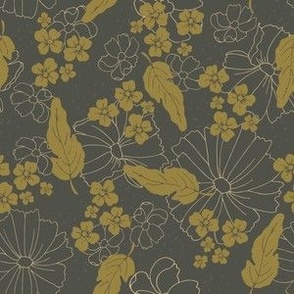 honey green flowers and leaves with flower shadows on dark ebony