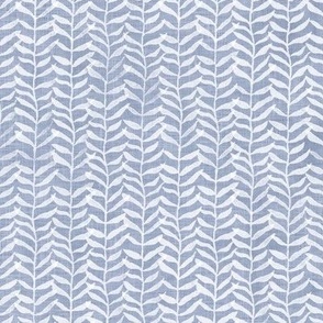 Leafy Block Print in White on Mineral Blue | Block printed leaf pattern fabric, soft blue, botanical block print fabric, leaves, nature decor, fresh plants print in pale blue and white.