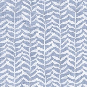 Leafy Block Print in White on Mineral Blue (large scale) | Block printed leaf pattern fabric, soft blue, botanical block print fabric, leaves, nature decor, fresh plants print in pale blue and white.