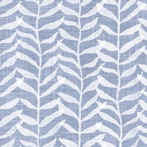 Leafy Block Print in White on Mineral Blue (xl scale) | Block printed leaf pattern fabric, soft blue, botanical block print fabric, leaves, nature decor, fresh plants print in pale blue and white.