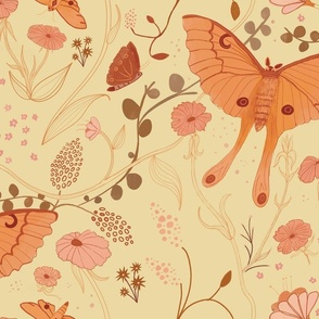 Moths in the garden, cream, pink and orange, botanical, vintage inspired || larger size