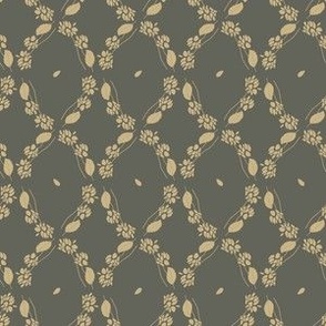 Royal Forest wallpaper (mid) yellow leaves and flowers like rhombus on taupe