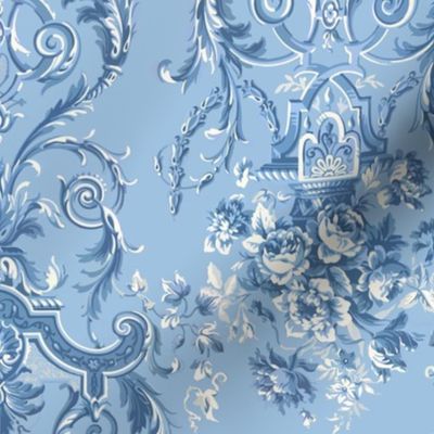 English Chinoiserie Floral Bouquet Lt Blue and White Jumbo 24 x 30