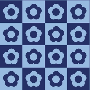 Checkers with Daisies, Blue on Navy Blue, Large Scale 