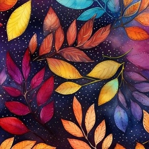 LARGE BEAUTIFUL COLORFUL AUTUMN LEAVES 2 ON INDIGO BLUE STARRY SKY FLWRHT