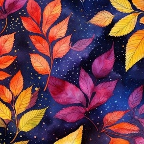 LARGE BEAUTIFUL COLORFUL AUTUMN LEAVES 1 ON INDIGO BLUE STARRY SKY FLWRHT