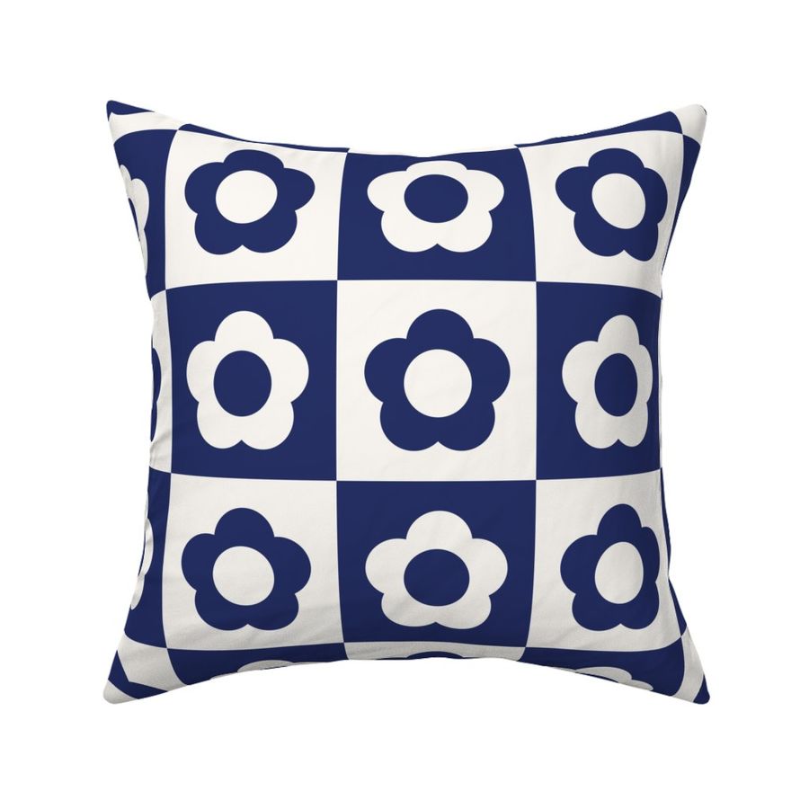 Checkers with Daisies, Navy Blue, Large Scale 