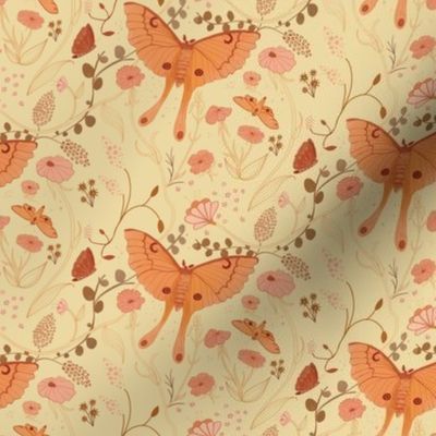 Moths in the garden, cream, neutral, pink and orange, botanical, vintage inspired || smaller size