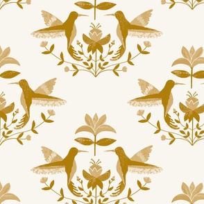 Golden Hummingbirds Folk art flowers design from handmade collage