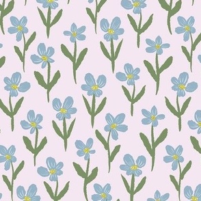 Spring Simple Blue Flower Field , with green stems on soft pink_ Bloom Wild Design 