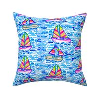 Preppy Watercolor Sailboats Nautical Sailing Boating Hand Painted Bright Pink Turquoise Multi Southern