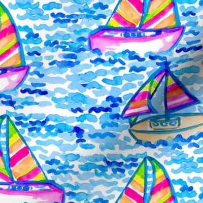 Preppy Watercolor Sailboats Nautical Sailing Boating Hand Painted Bright Pink Turquoise Multi Southern