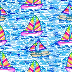 Preppy Watercolor Sailboats Nautical Sailing Boating Hand Painted Bright Pink Turquoise Multi Southern