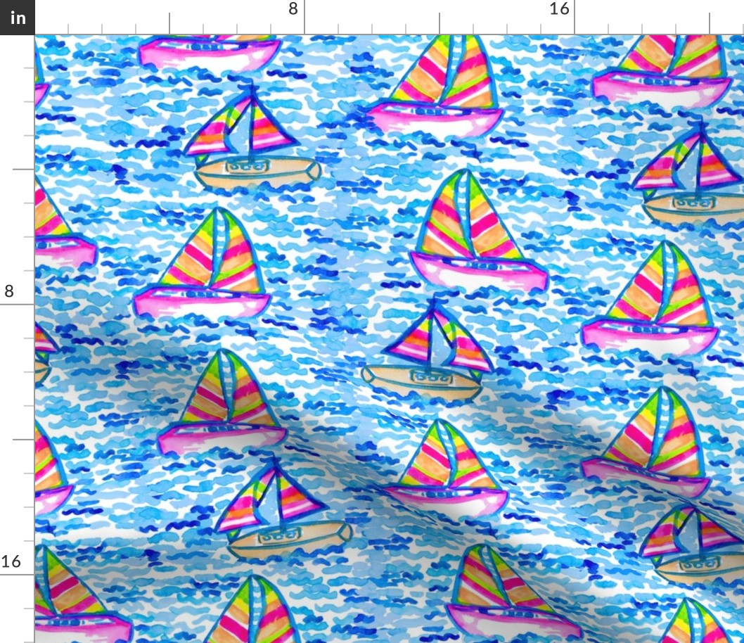 Preppy Watercolor Sailboats Nautical Sailing Boating Hand Painted Bright Pink Turquoise Multi Southern