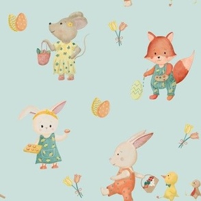 Easter in the woodland (8x8) - a cute Easter children’s pattern featuring fox, mouse and rabbit having easter egg fun. Perfect for spring.