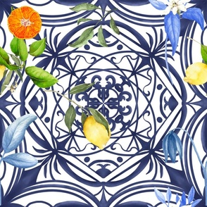 Summer ,citrus,floral Mediterranean style ,lemon fruit pattern 