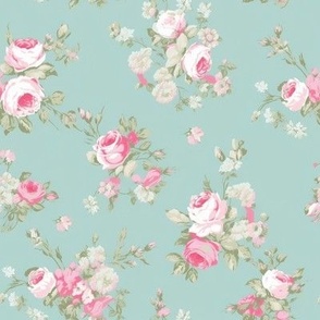 #16 Dainty English Pink/White Roses mint blue  vintage cottage 