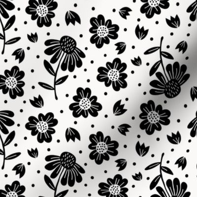 Coneflower Floral Black on White