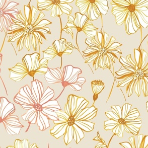 Line Flowers - Poppy Floral, outlines,  gold and pink on antique white 