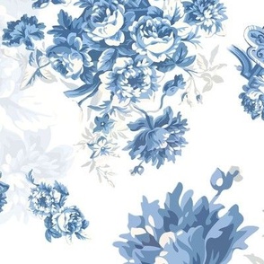 English Cottage Floral Bouquet Blue and White Large 24 x 30