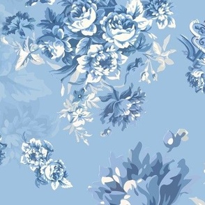 English Cottage Floral Bouquet Light Blue and White Large 24 x 30