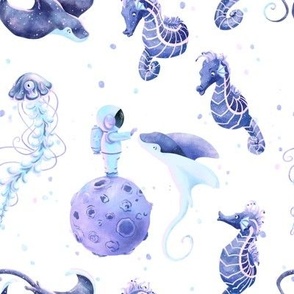 Watercolor Astronaut  Manta Ray Seahorse Jellyfish Dreams // Sea & Stars // Medium