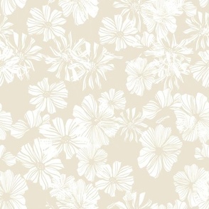 White Flowers on Ecru background - Medium, Neutral Floral, Poppy, Beige