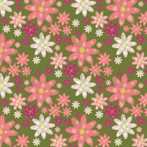 Patchwork daisies on a crocodile green