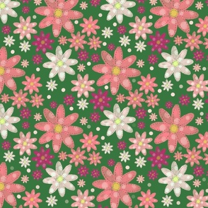 Patchwork daisies on deep green