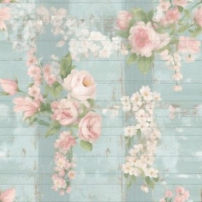 #3 French Fleur Paris Bebe Floral Chippy muted Aqua Blush Pink Delicate climbing Roses vintage Ticking 