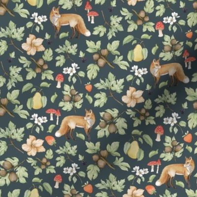 Harvest Time Foxes with Fruit and Flowers - Dark Green