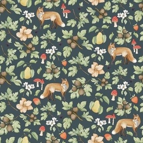 Harvest Time Foxes with Fruit and Flowers - Dark Green