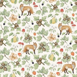 Harvest Time Foxes with Fruit and Flowers - Beige