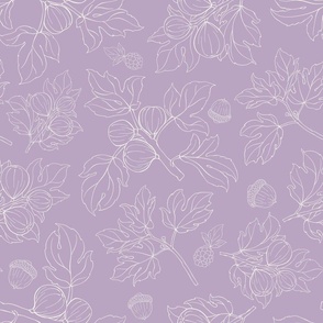 Harvest Time Fig Leaves Line Art, Hand Drawn, Lilac and White