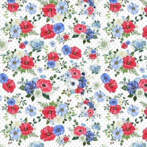 Red White Blue Floral Toss with Gray Dots