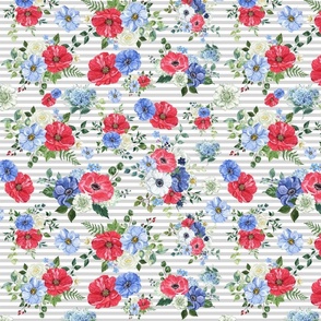 Red White Blue Floral Toss with Gray Stripes
