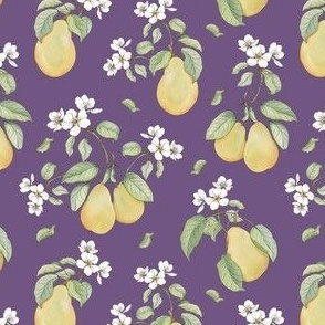 Harvest Time Hand Drawn Pears and Blossoms on Purple background