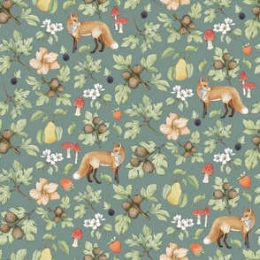 Harvest Time Collection Hero Foxes and Floral on Green Background