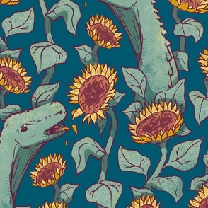 Sauropods in the Sunflowers, teal, jumbo