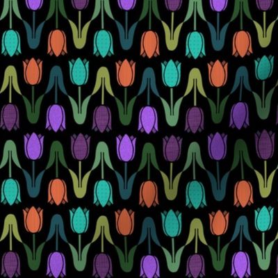Leaf to Leaf Tulips // Cyan, Purple and Orange on Black Background