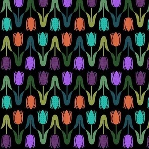 Leaf to Leaf Tulips // Cyan, Purple and Orange on Black Background