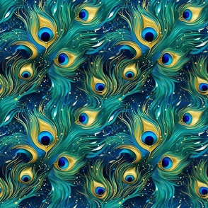 STYLIZED PEACOCK FEATHERS 4 TURQUOISE GOLD FLWRHT