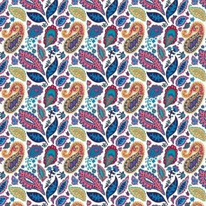 Bright Paisley artistic motifs on white in psychedelic colors. Small scale