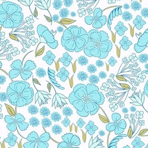 modern vintage floral, turquoise blue flowers, smaller scale